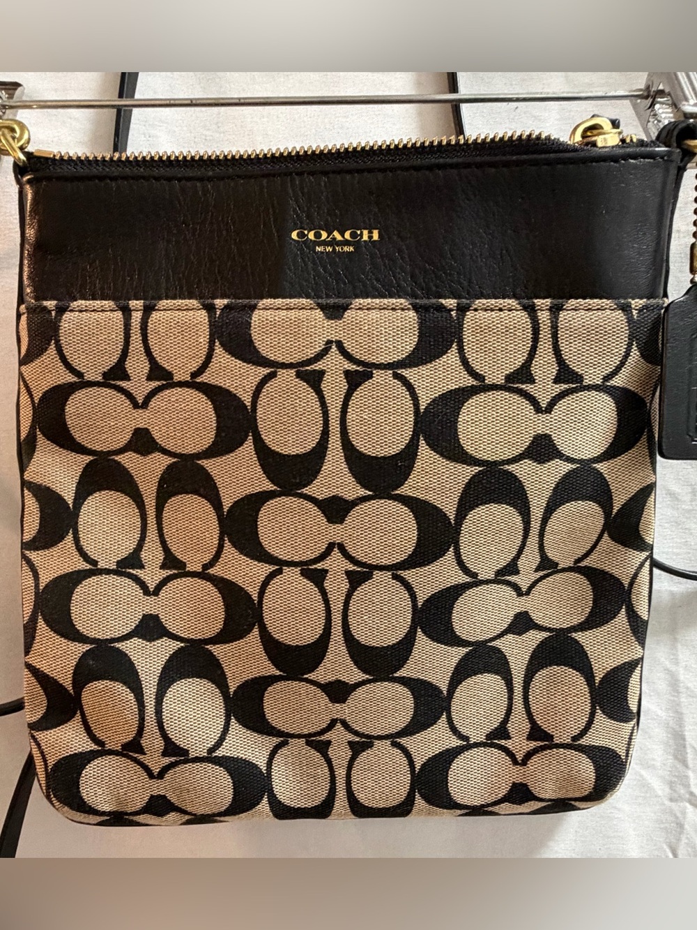 Coach Brown  Signature Canvas Crossbody Bag with Black Trim and Gold Hardware